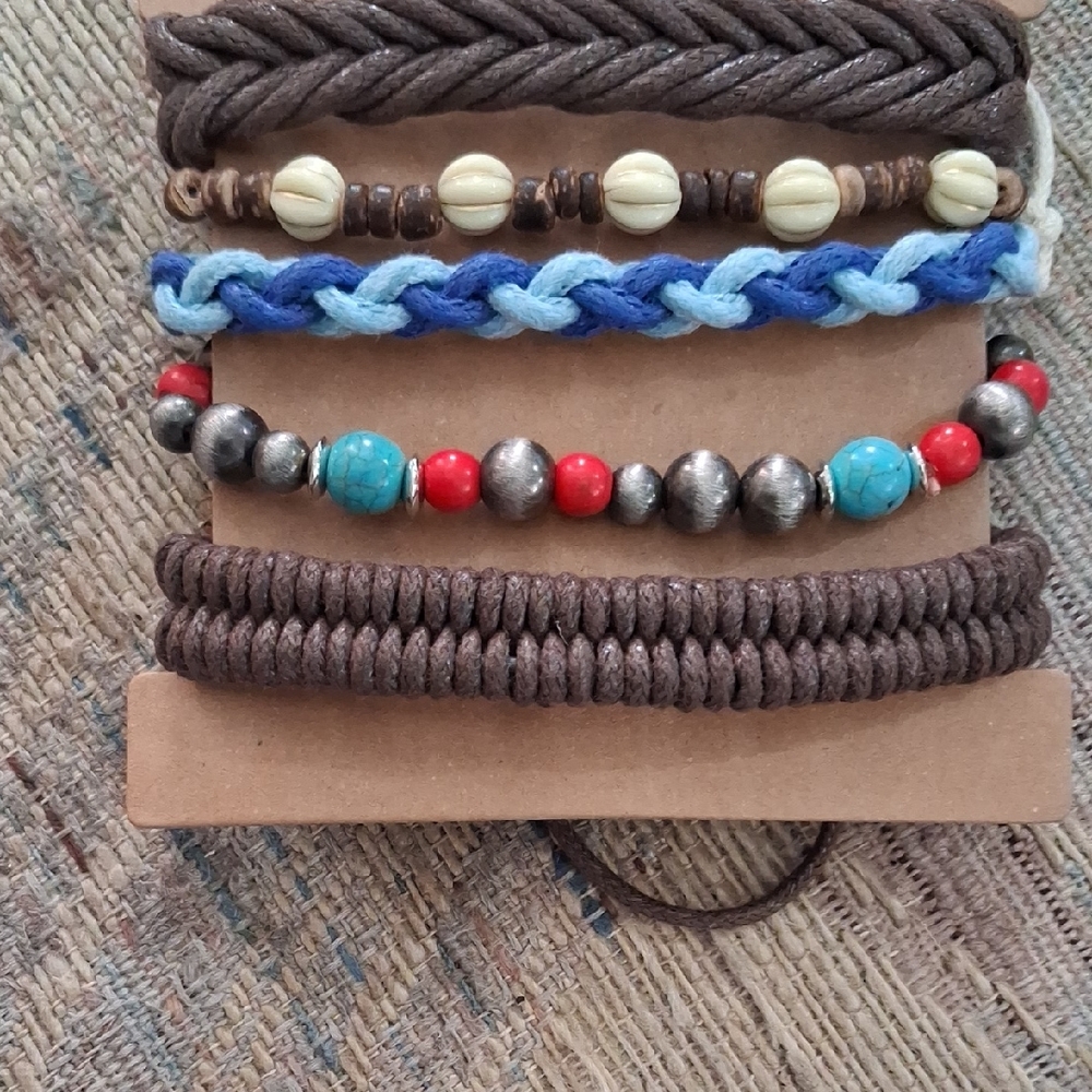 Source Unknown Brown Braided & Beaded Bracelet Set with Blue and Red Accents